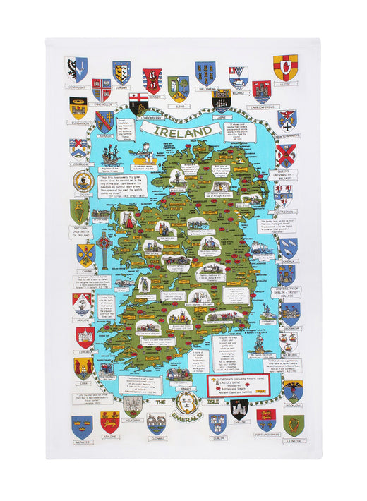 Map and Crests cotton tea towel showing an illustrated Ireland map surrounded by heraldic shields