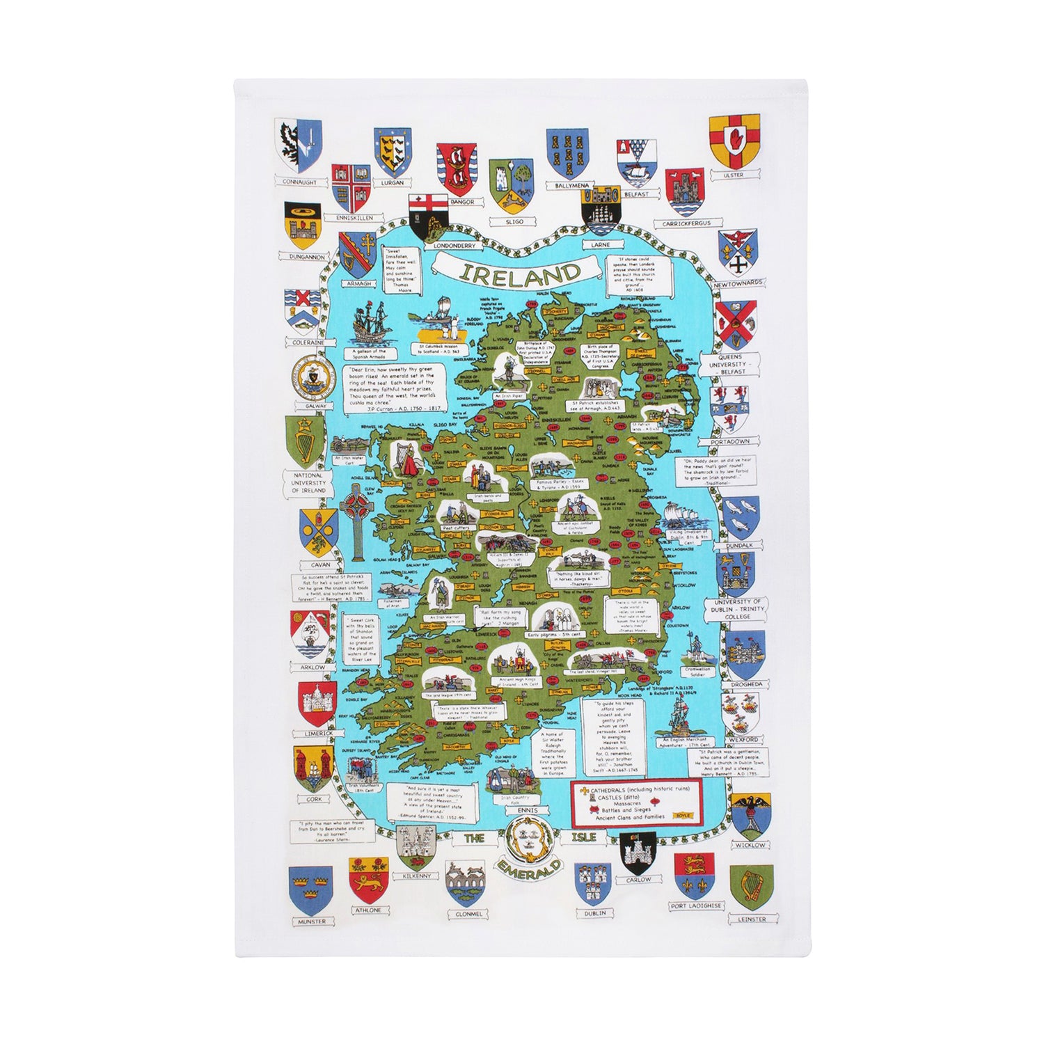 Map and Crests cotton tea towel showing an illustrated Ireland map surrounded by heraldic shields