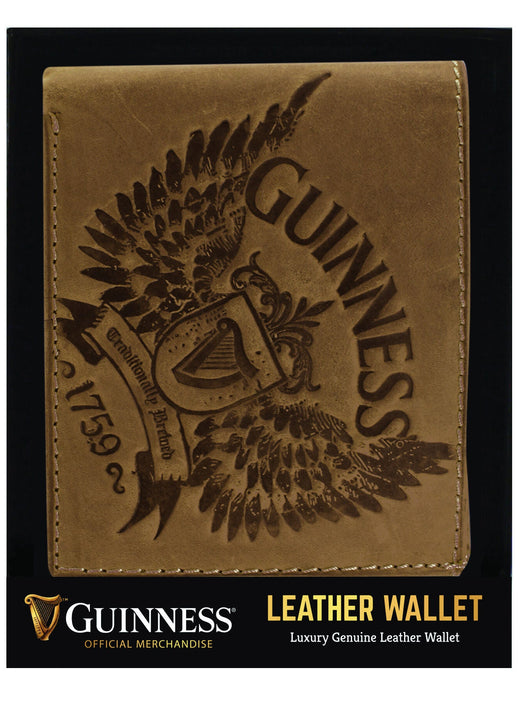 Brown leather wallet with embossed Guinness logo and wing design