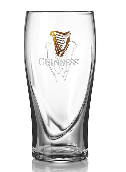 Clear pint glass with Guinness logo and harp emblem