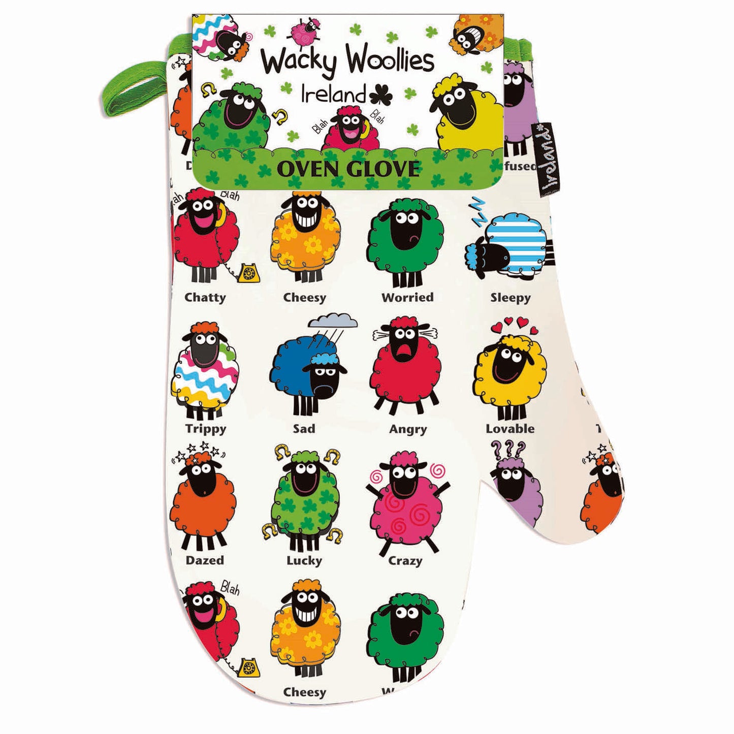 Wacky Woolies Ireland oven glove with bright cartoon sheep design.