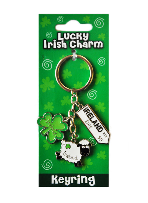 Irish sheep charm keyring featuring an Ireland road sign and shamrock on a green display card