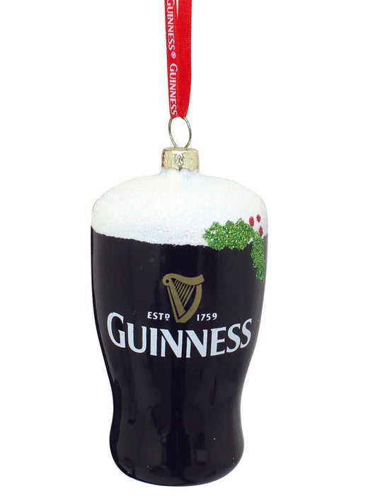 Ornament shaped like a pint of Guinness beer with foam and holly decoration