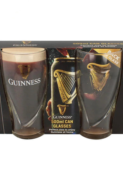 Two Guinness 500ml can-shaped glasses in black packaging with gold harp logo