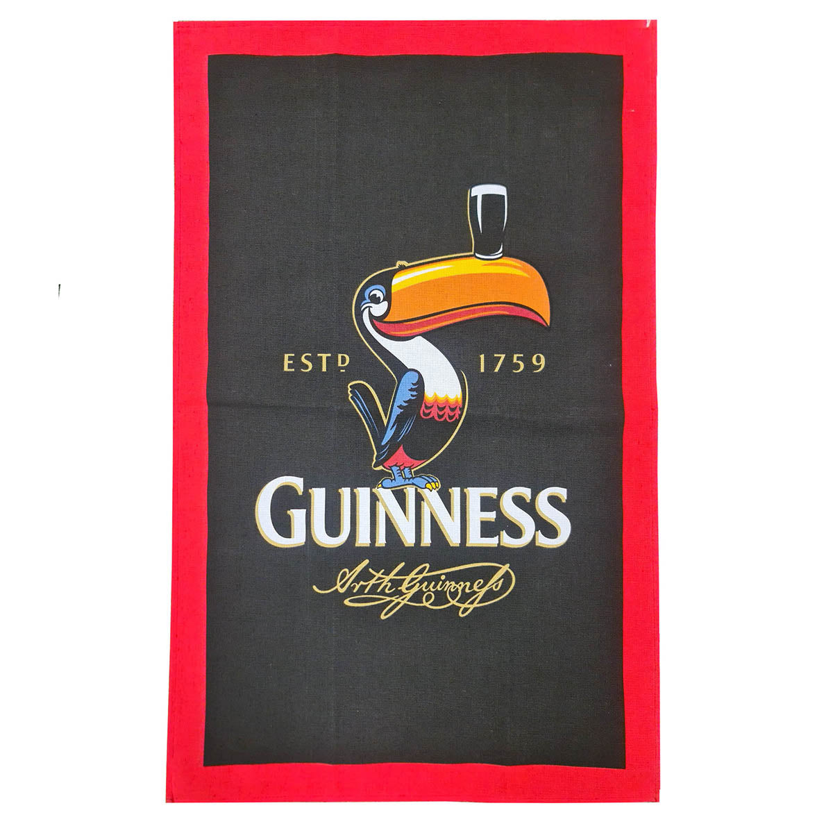 Guinness toucan cotton tea towel with a bold logo on dark fabric and a red border