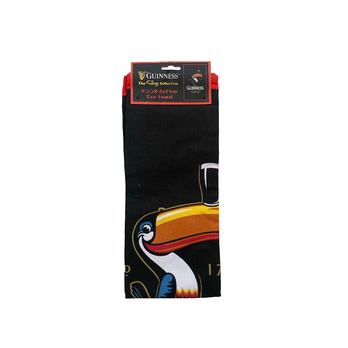 Guinness Flying Toucan cotton tea towel in black with a bright toucan beak and red edge