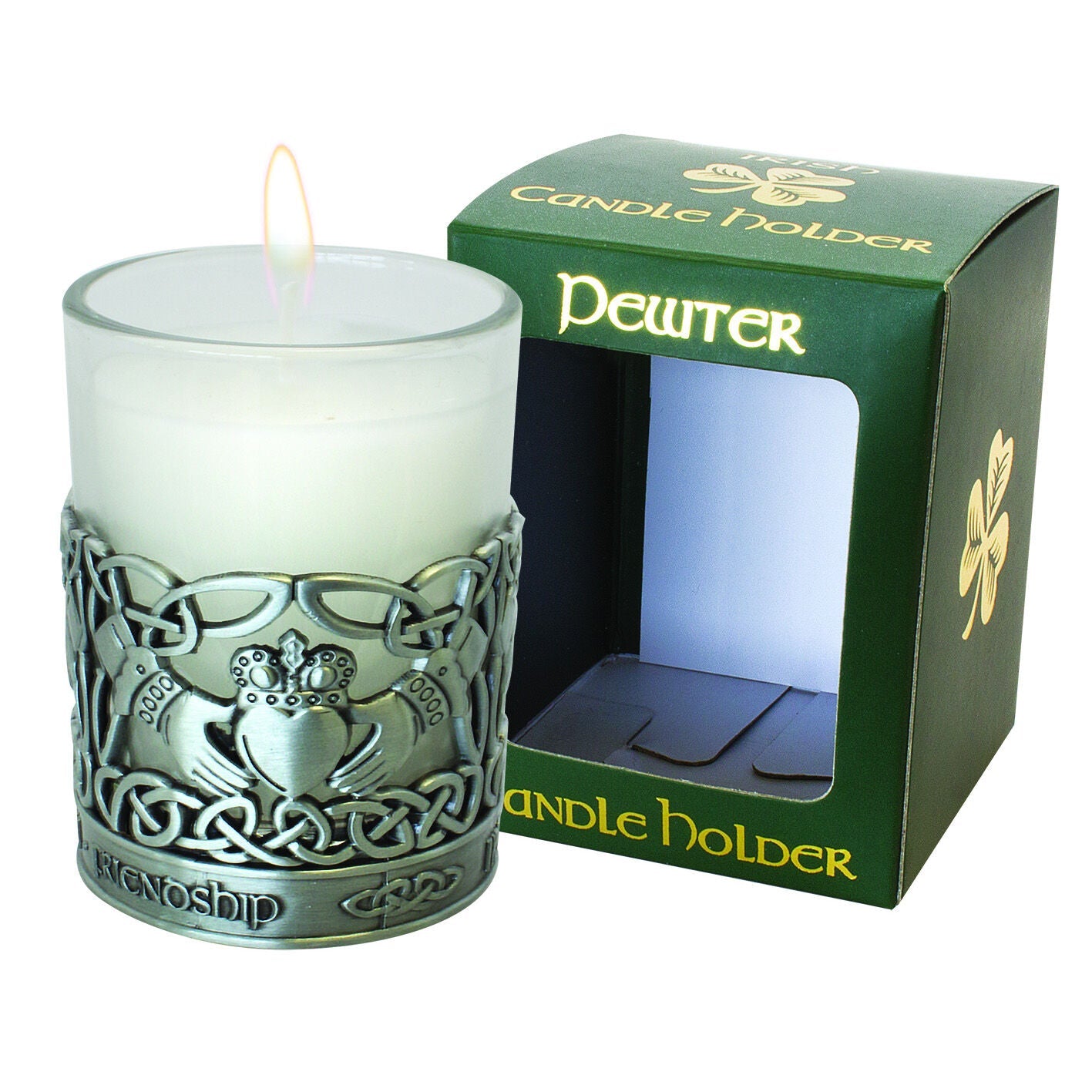 Pewter Claddagh Designed Candle Holder With Vanilla Scented Candle 