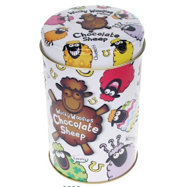 Wacky Woolies Chocolate Sheep In A Can tin with colorful cartoon sheep pattern