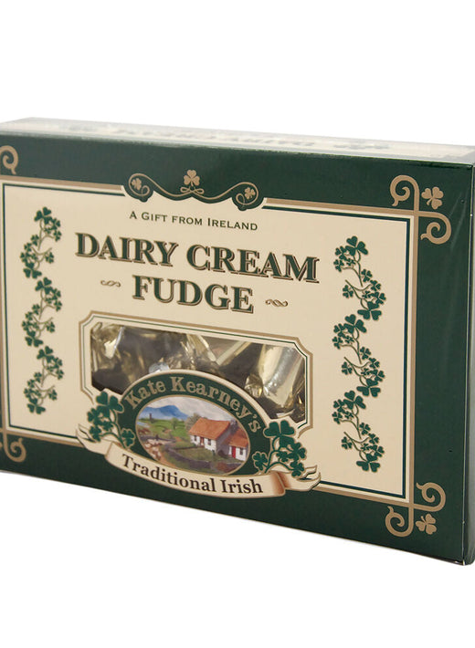 Kate Kearney's Dairy Cream Fudge gift box in dark green with a window revealing fudge pieces.