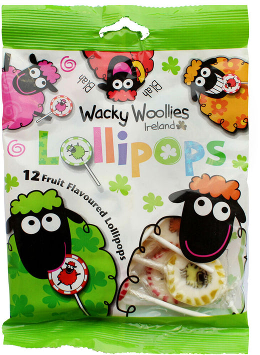 Wacky Woolies fruit flavoured lollipops bag with colorful cartoon sheep designs