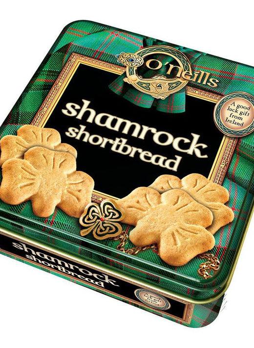 O'Neill's shamrock shaped shortbread in a green plaid tin.