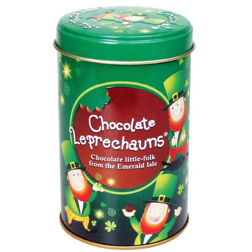 Green tin with cartoon leprechauns and Chocolate Leprechauns text