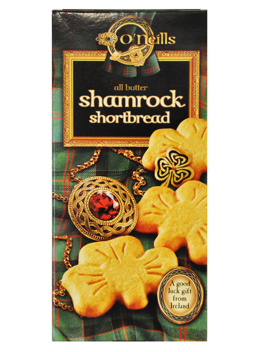 O'Neills all butter shamrock shortbread 80g packaging featuring shamrock shaped cookies on a dark green plaid background