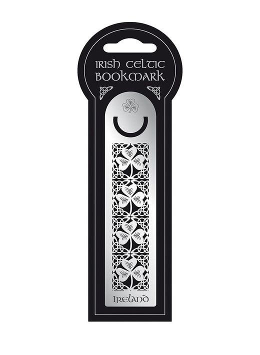 Irish Celtic bookmark with a silver panel showing repeating shamrocks in a knot design