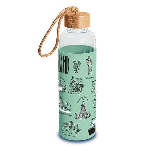 Clear water bottle with green sleeve featuring Irish landmarks and wooden cap