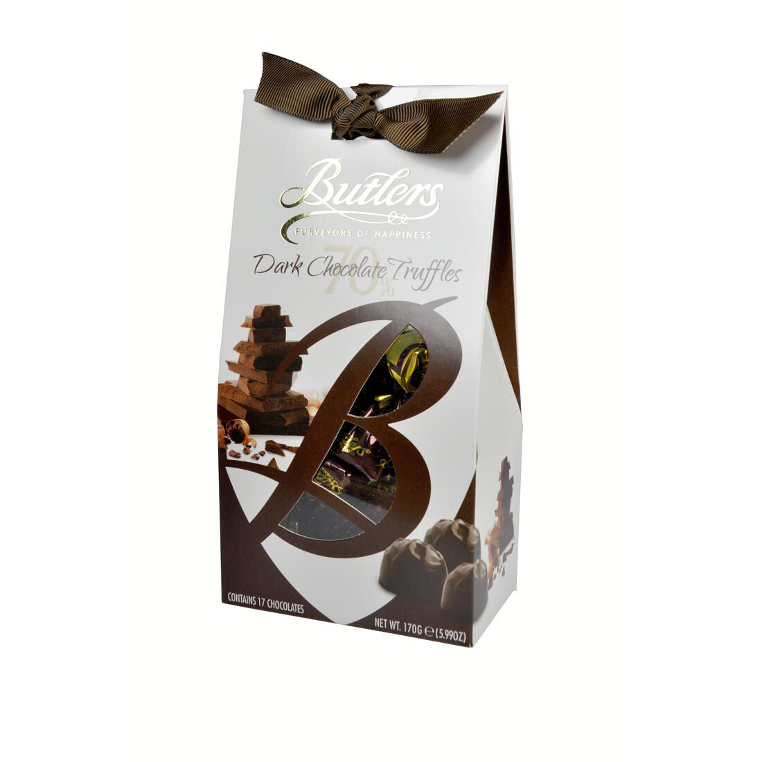 White and brown box of dark chocolate truffles with a ribbon on top