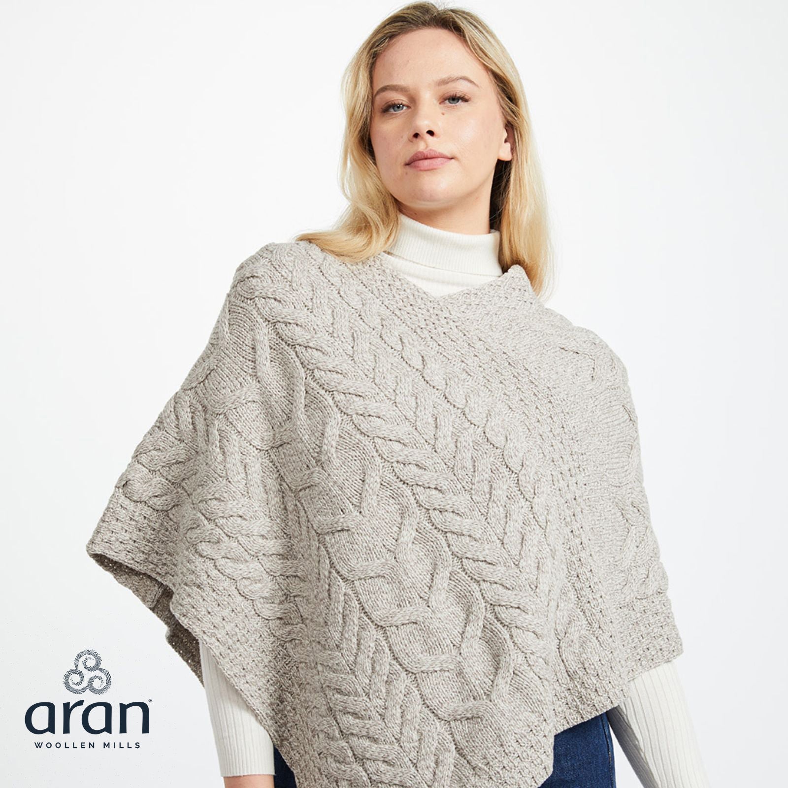 Ladies Triangular Aran Poncho Oat