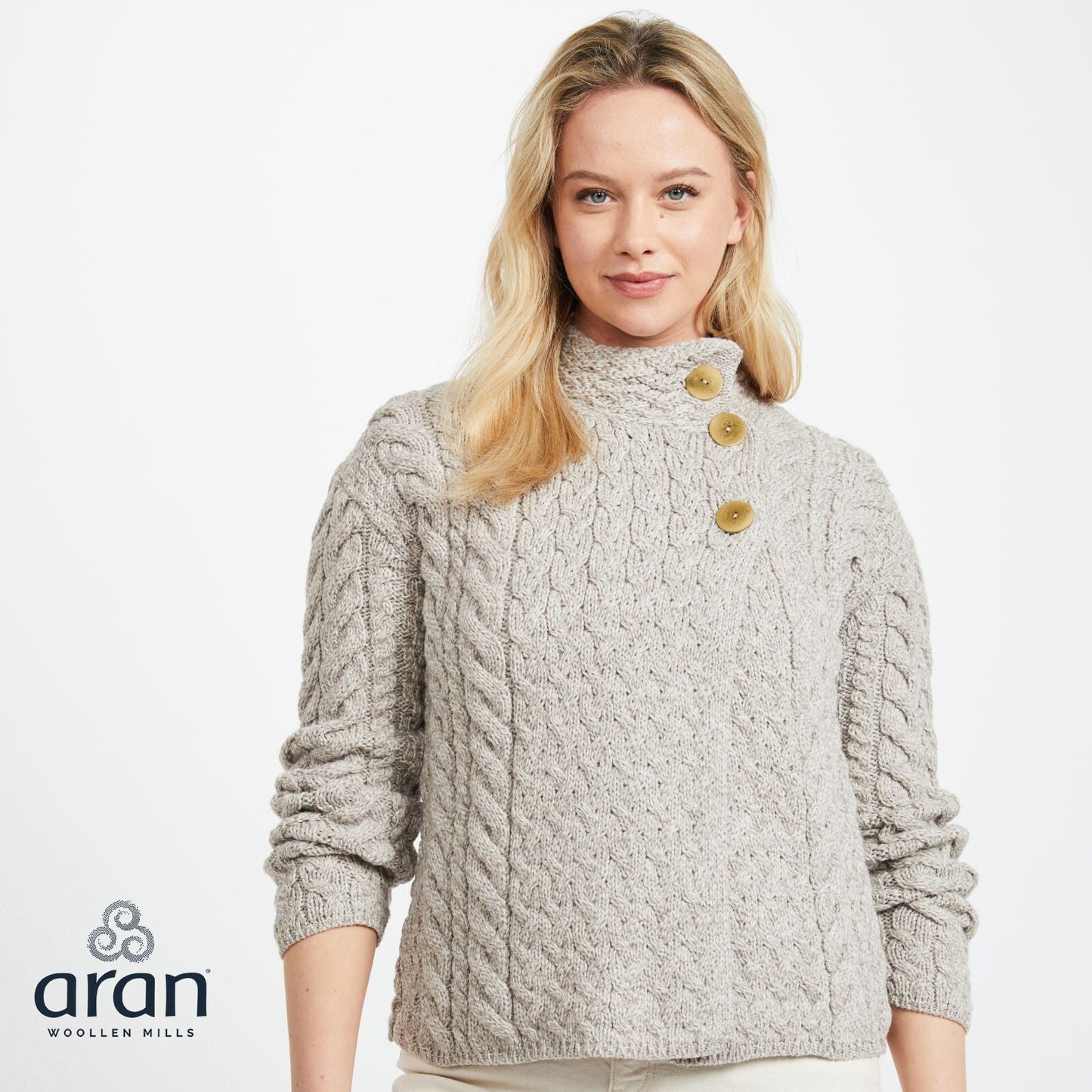Ladies Luxury Merino Wool Trellis Multi Aran Cable Knit Cardigan Oatmeal