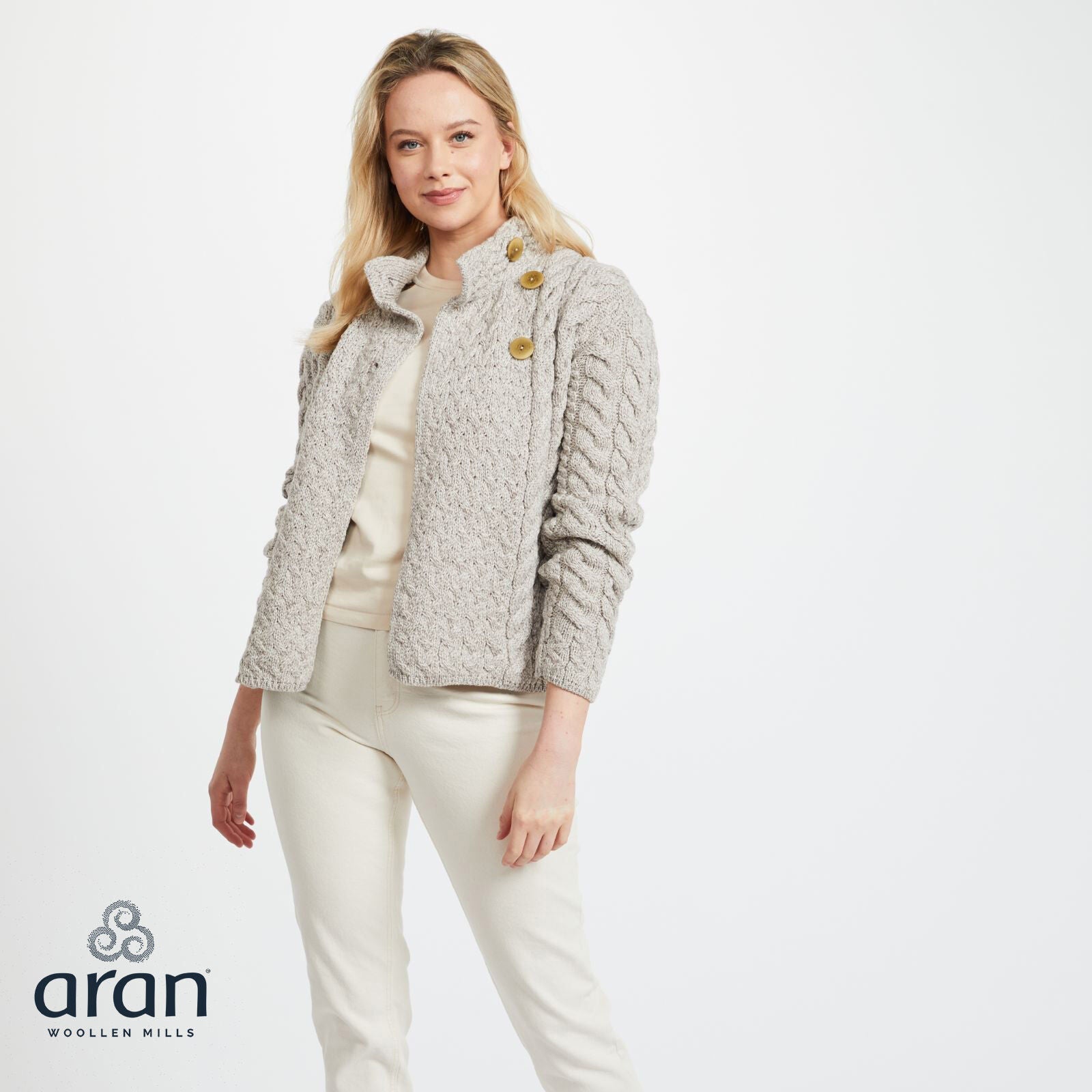 Ladies Luxury Merino Wool Trellis Multi Aran Cable Knit Cardigan Oatmeal 