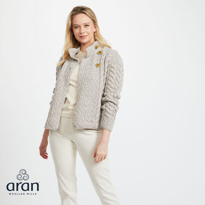 Ladies Luxury Merino Wool Trellis Multi Aran Cable Knit Cardigan Oatmeal