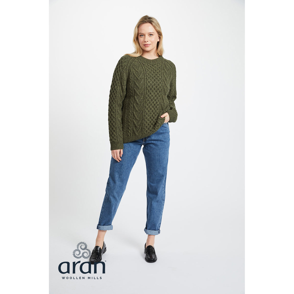 Unisex Green Honeycomb Crew Neck Aran Sweater 
