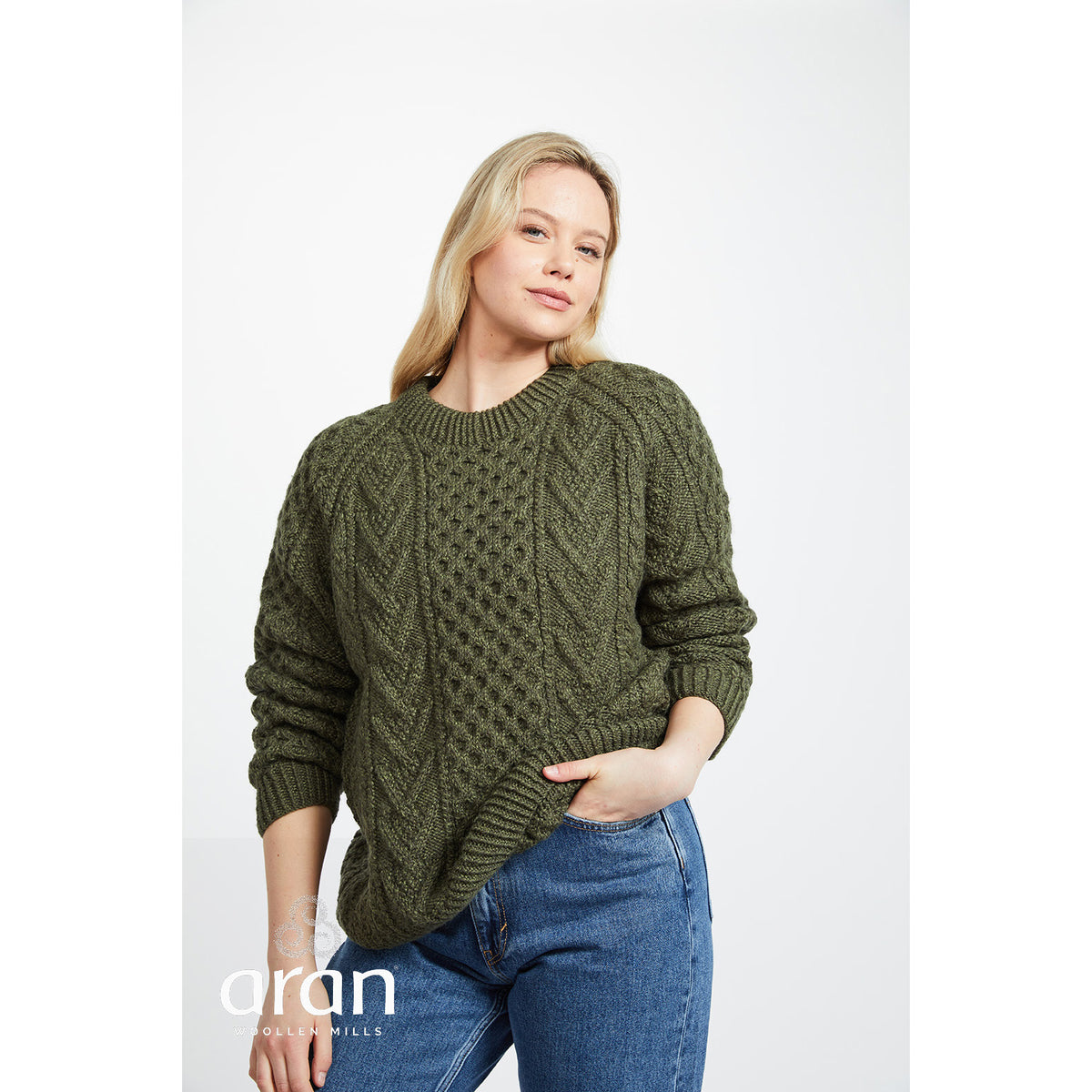 Unisex Green Honeycomb Crew Neck Aran Sweater