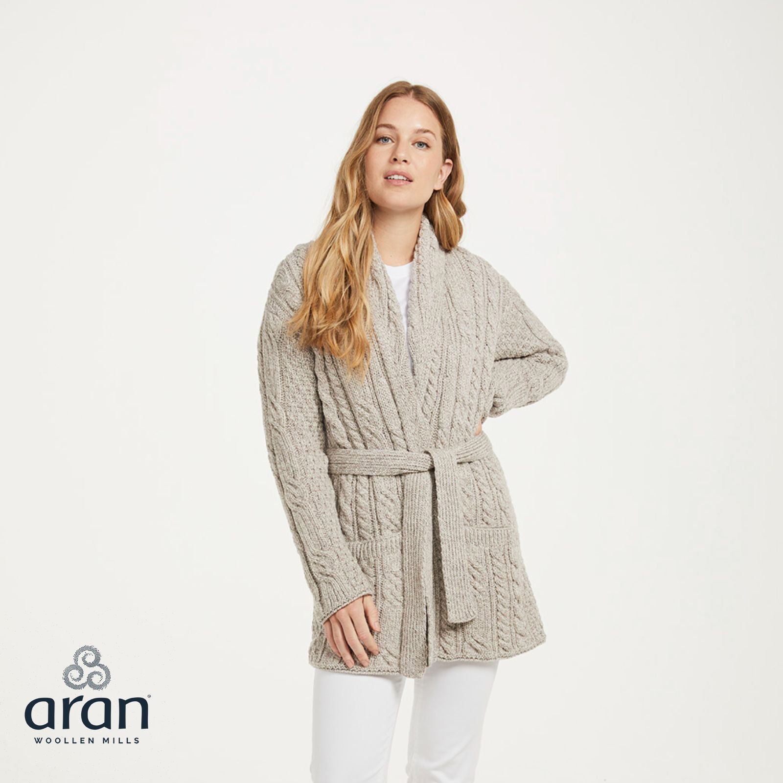 Aran Woollen Mills Shawl Neck Belted Oatmeal Cardigan 