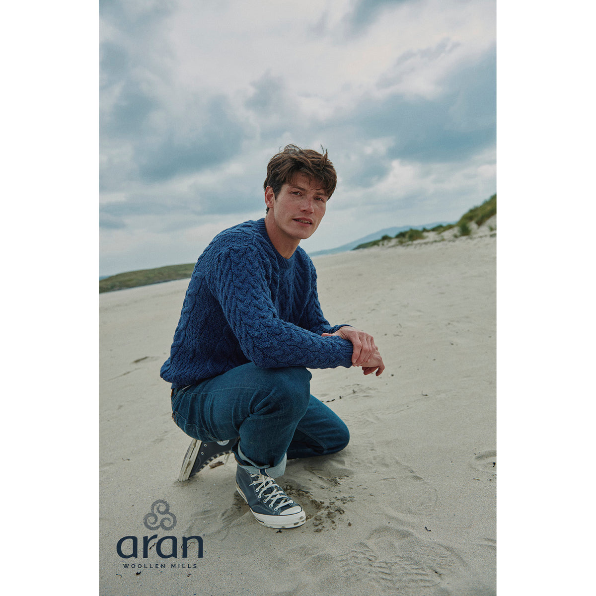 Unisex Navy Aran Crew Neck Sweater
