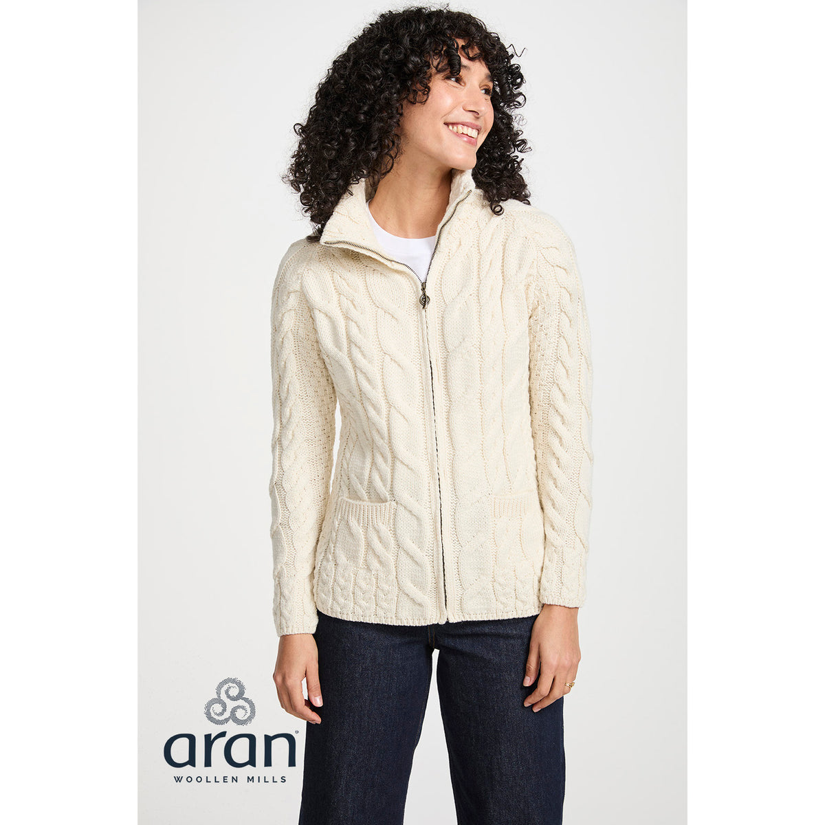 Women's Cream Zip Aran Cardigan