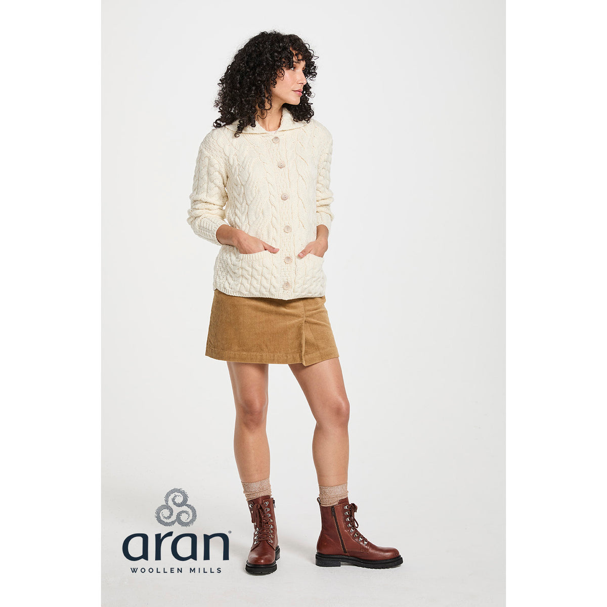 Women's Cream Buttoned Cable Aran Cardigan 