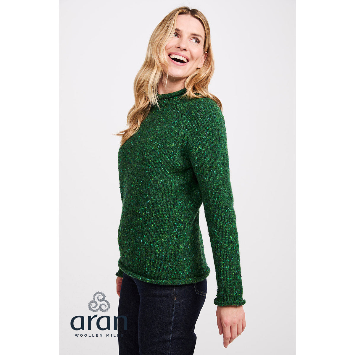 Women's Bright Green Donegal Tweed Raglan Roll Neck Sweater
