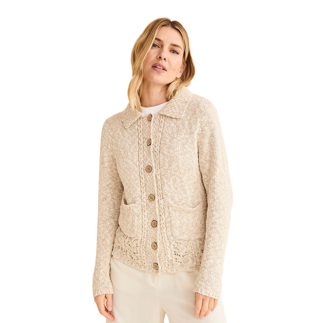 Cream cotton linen cardigan with collar, wooden buttons and front pockets.