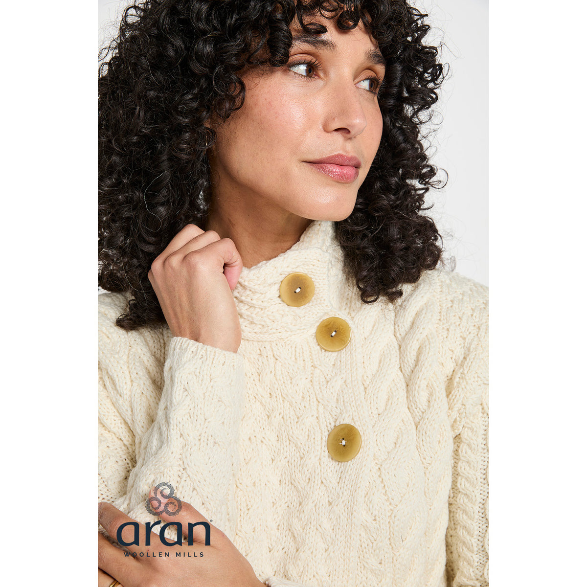 Women's Cream Asymmetrical Multi Cable Aran Cardigan 