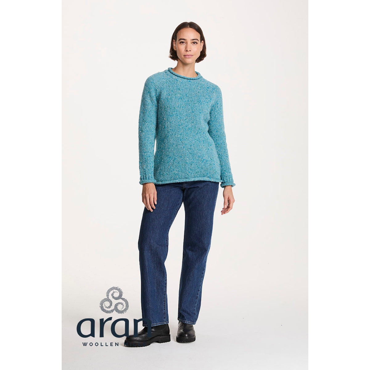 Women's Aqua Blue Donegal Tweed Raglan Roll Neck Sweater 