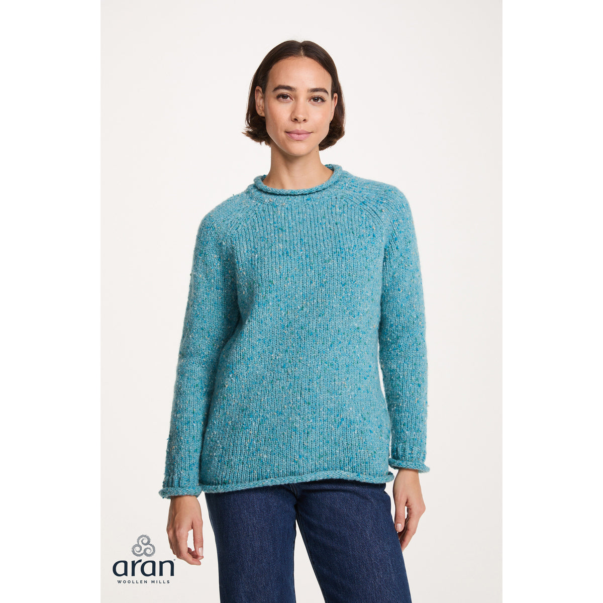 Women's Aqua Blue Donegal Tweed Raglan Roll Neck Sweater