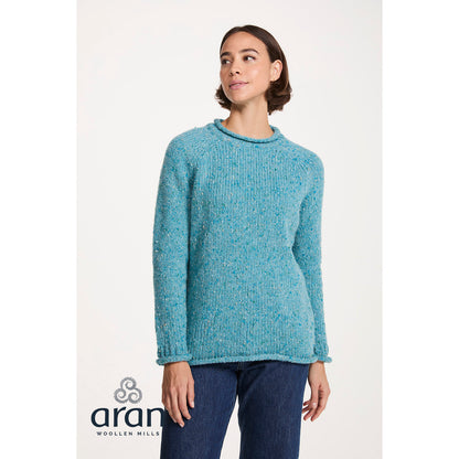 Women's Aqua Blue Donegal Tweed Raglan Roll Neck Sweater