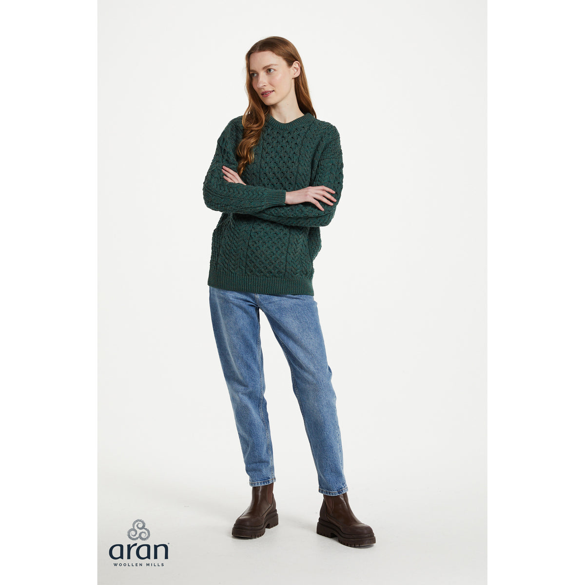 Unisex Green Traditional Aran Sweater 
