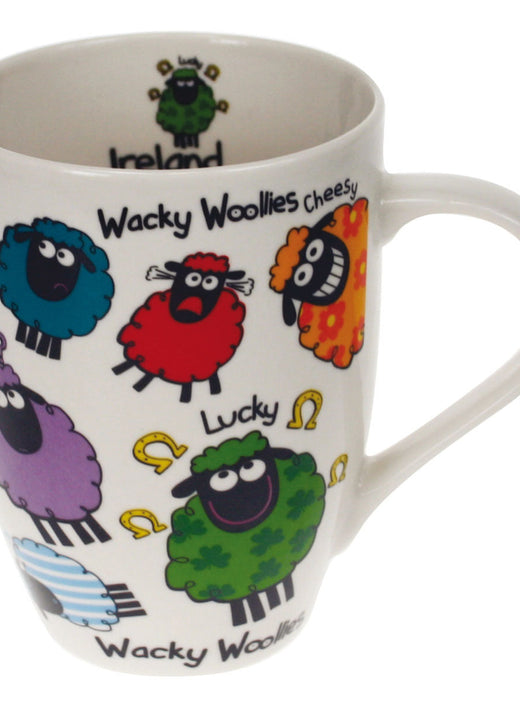 White tulip ceramic mug decorated with colorful Wacky Woollies sheep illustrations