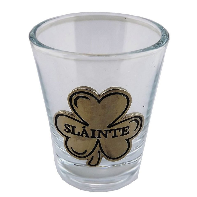 Irish Slainte Shamrock Metal Badge Shot Glass