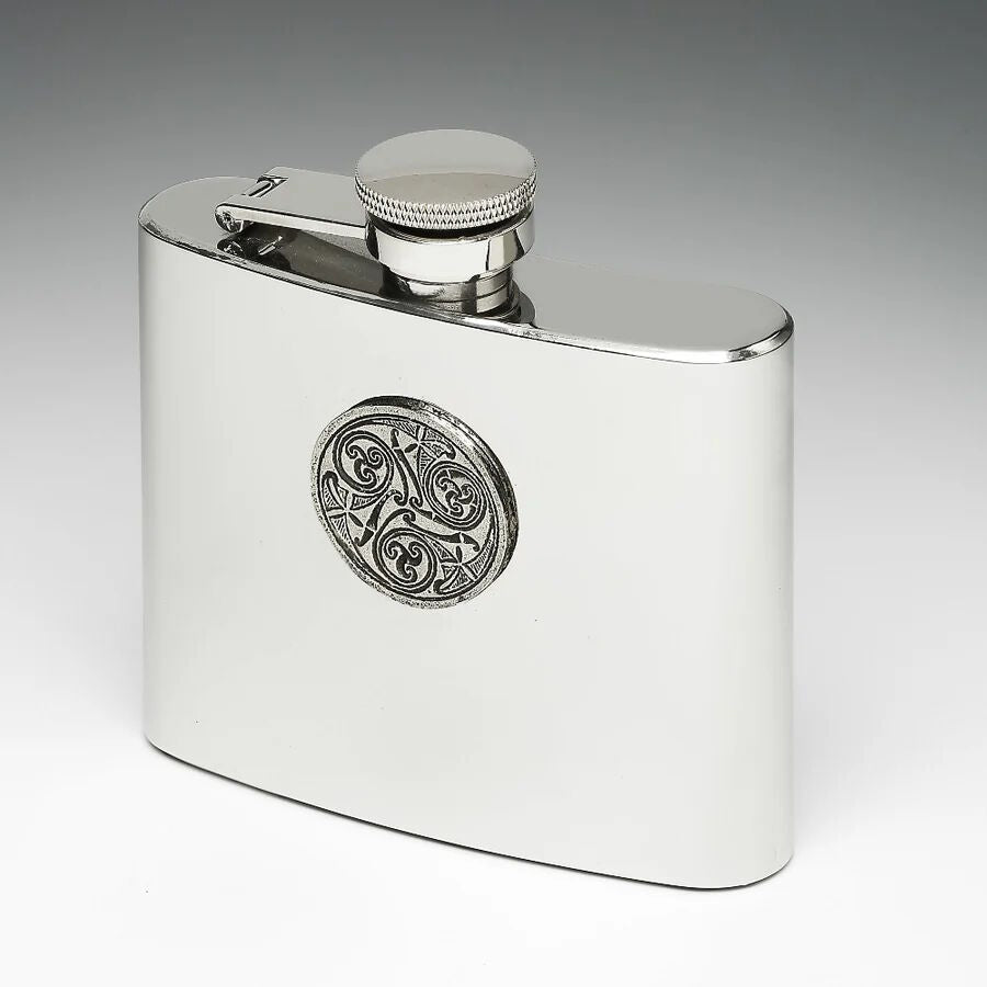 Mullingar Pewter Stainless Steel Hip Flask With Celtic Spiral