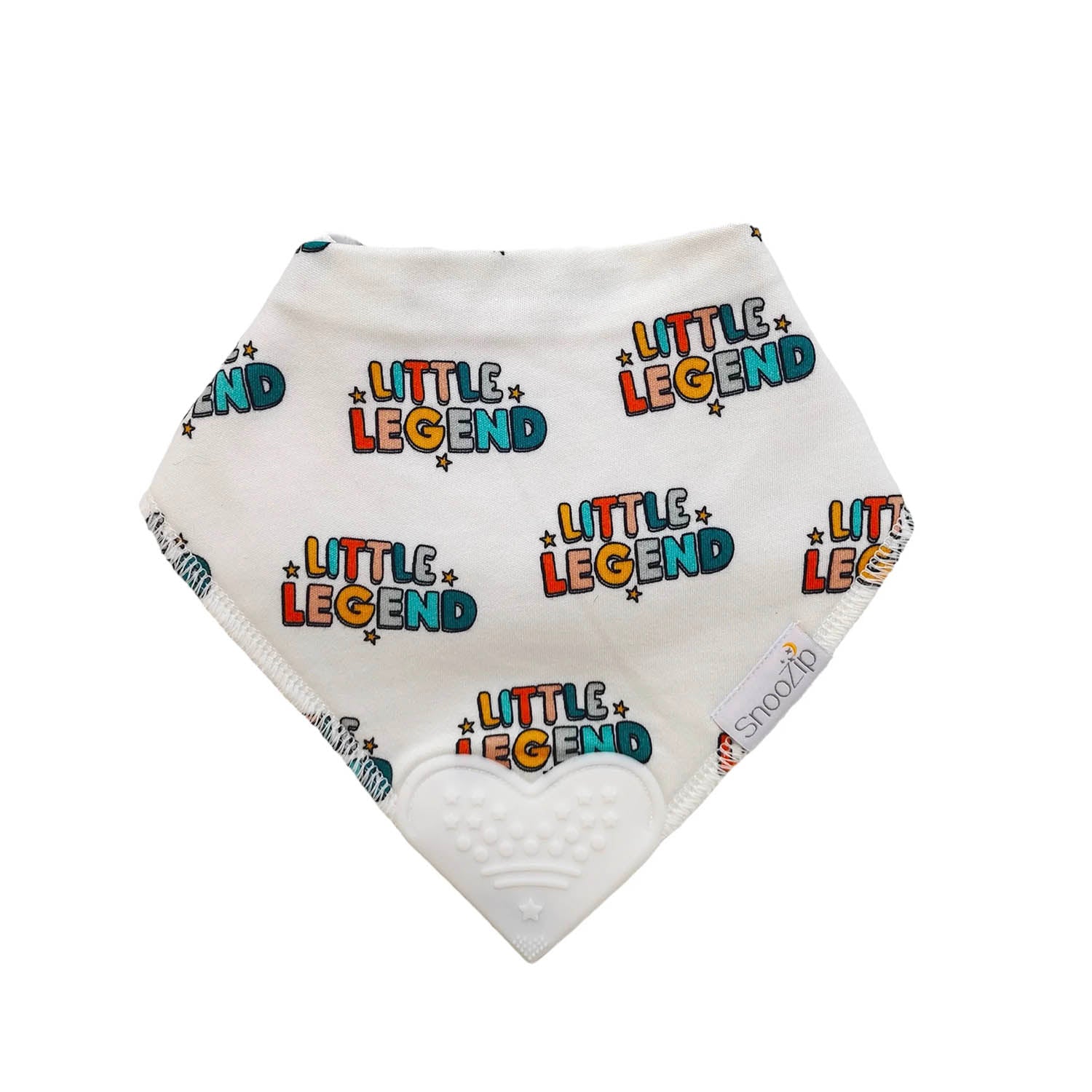 Snoozip Little Legend teething bib in white fabric with colorful Little Legend logos and a heart shaped silicone teether
