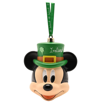Mickey Mouse plastic head bauble wearing a green leprechaun hat with Ireland lettering, suspended by a green ribbon.
