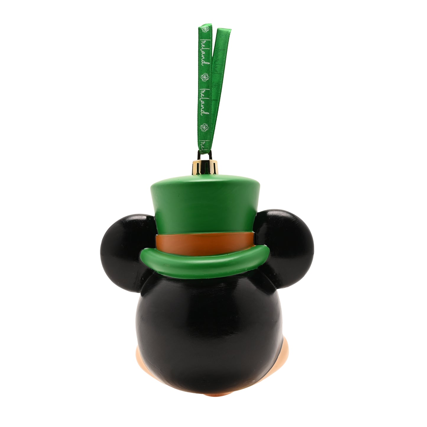 Back view of Mickey Mouse head ornament with green leprechaun hat and ribbon.