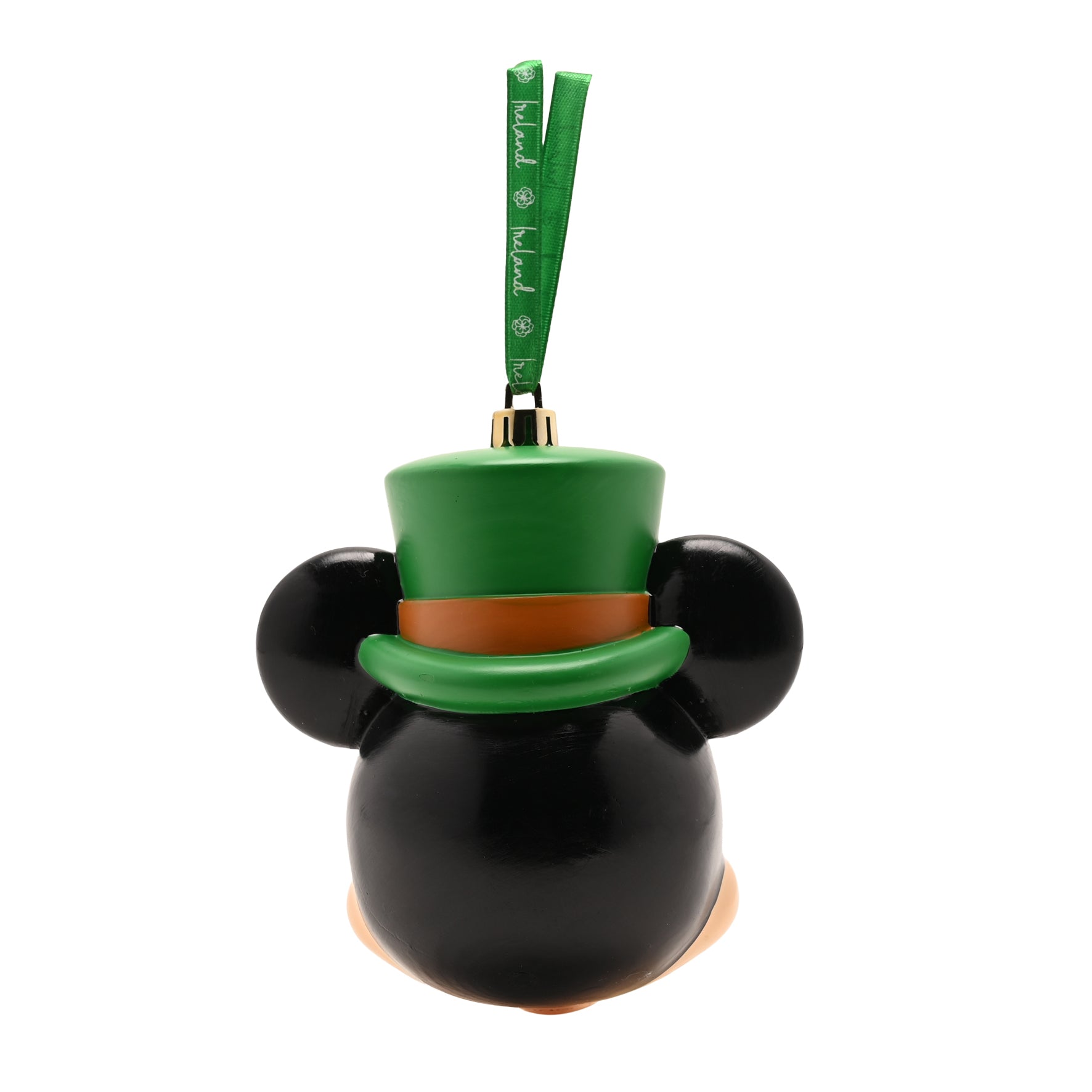 Back view of Mickey Mouse head ornament with green leprechaun hat and ribbon.