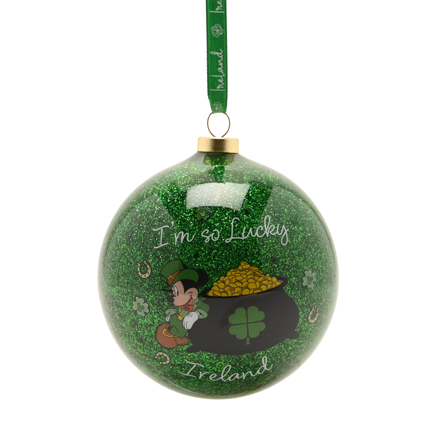 Green glittery Mickey Mouse Christmas bauble with a pot of gold and shamrocks