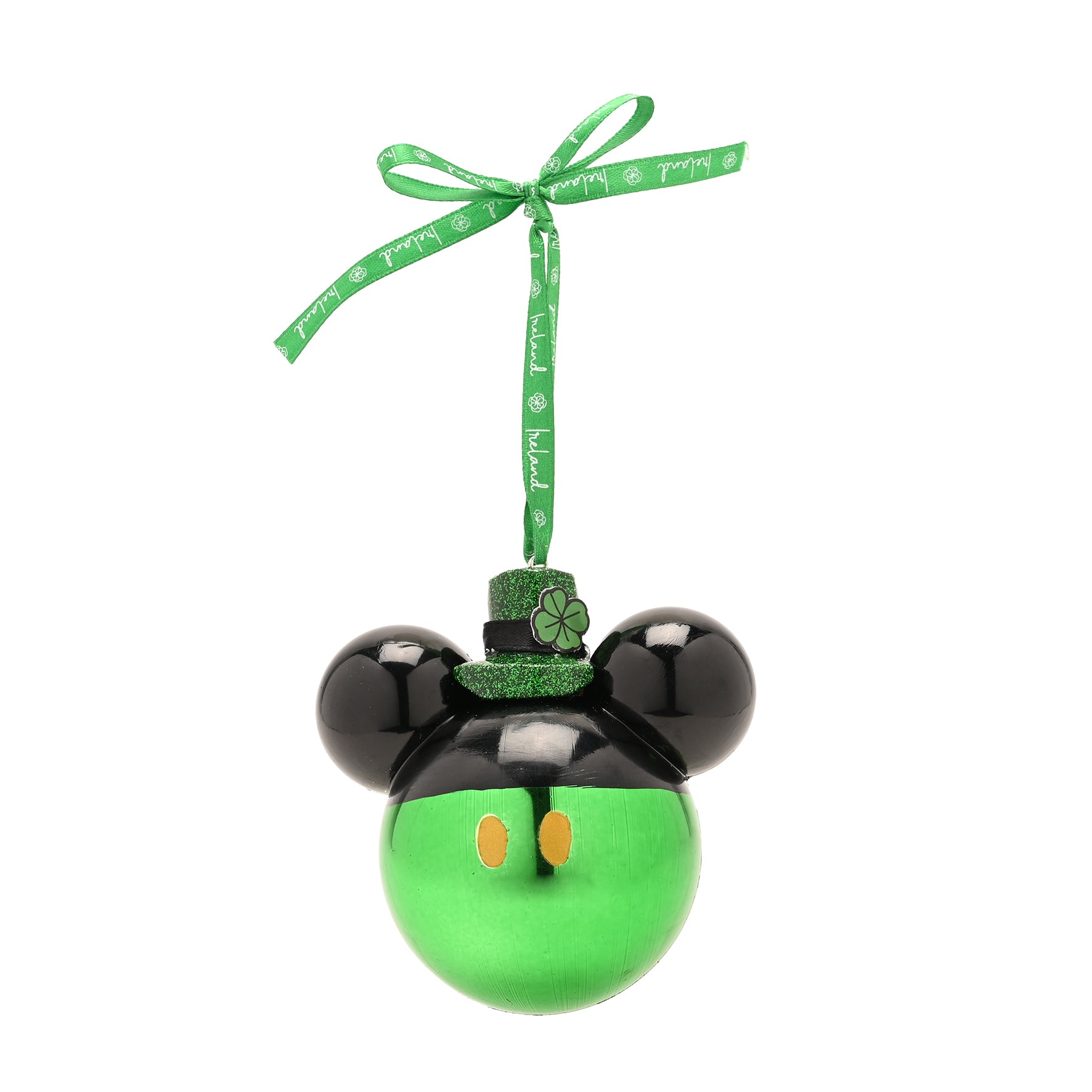 Mickey Mouse head ornament with black ears and bright green body hanging from a green ribbon