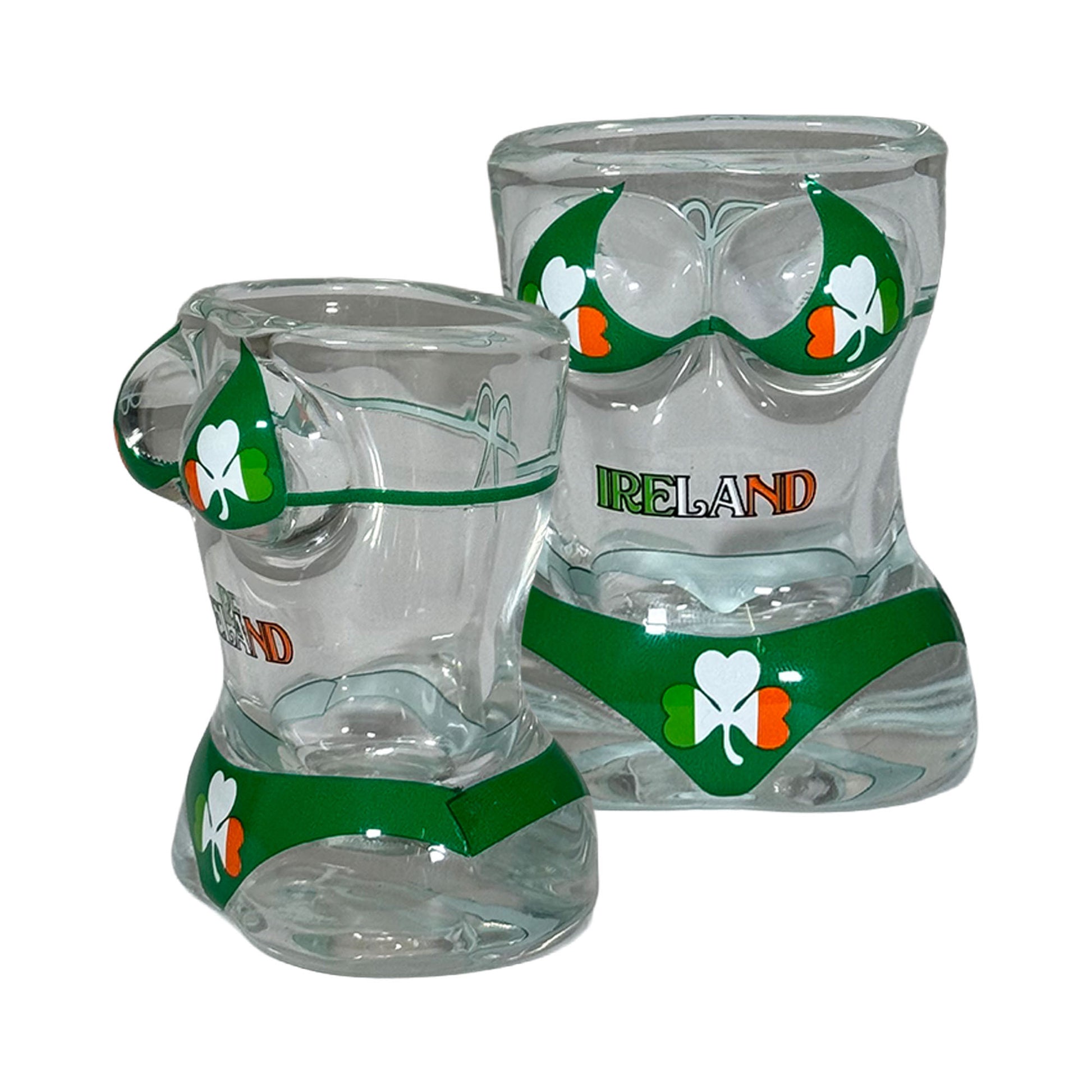Two clear shot glasses shaped like female torsos wearing green shamrock bikinis for Ireland theme
