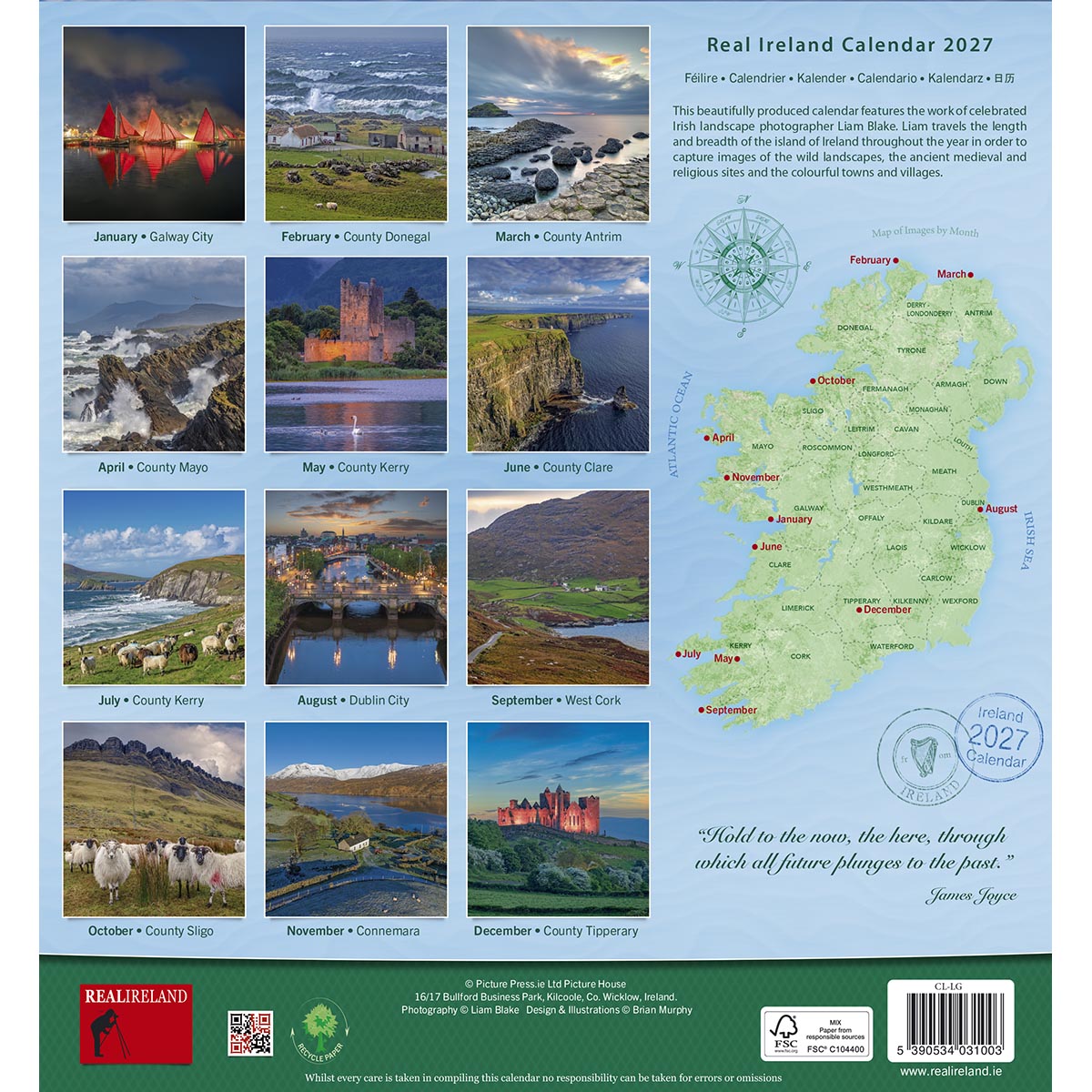 Real Ireland 2027 calendar with twelve photo tiles and an Ireland map on a blue background.