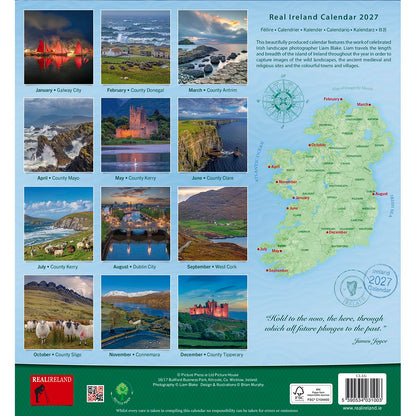 Real Ireland 2027 calendar with twelve photo tiles and an Ireland map on a blue background.
