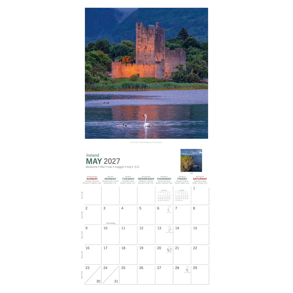 May 2027 page from Real Ireland calendar featuring a lakeside castle and swans above a calendar grid